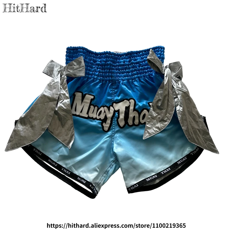 

Шорты для кикбоксинга с бантом, боксерские шорты для тайского бокса для мужчин и женщин, детские синие брюки с бантом для BJJ MMA, тренировочные брюки для борьбы на заказ