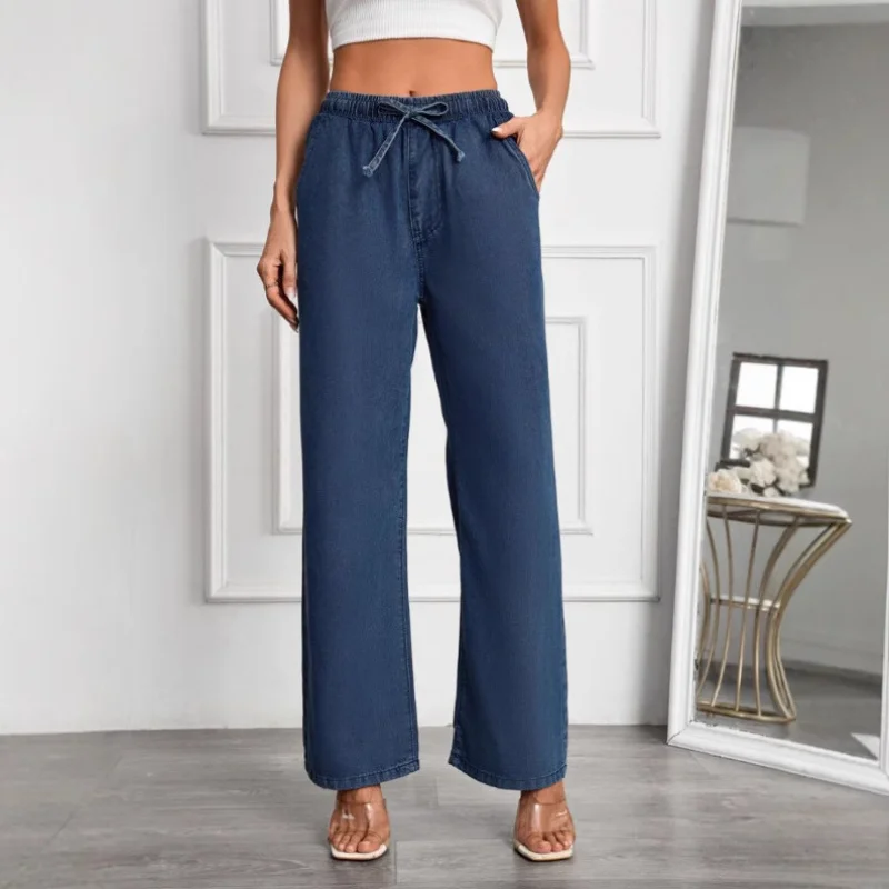 جينز أزرق نسائي خفيف الوزن عالي الخصر للتخسيس فضفاض بنطال ذو قصة أرجل واسعة تأثير الساق طراز كوري مريح أوروبي و #1