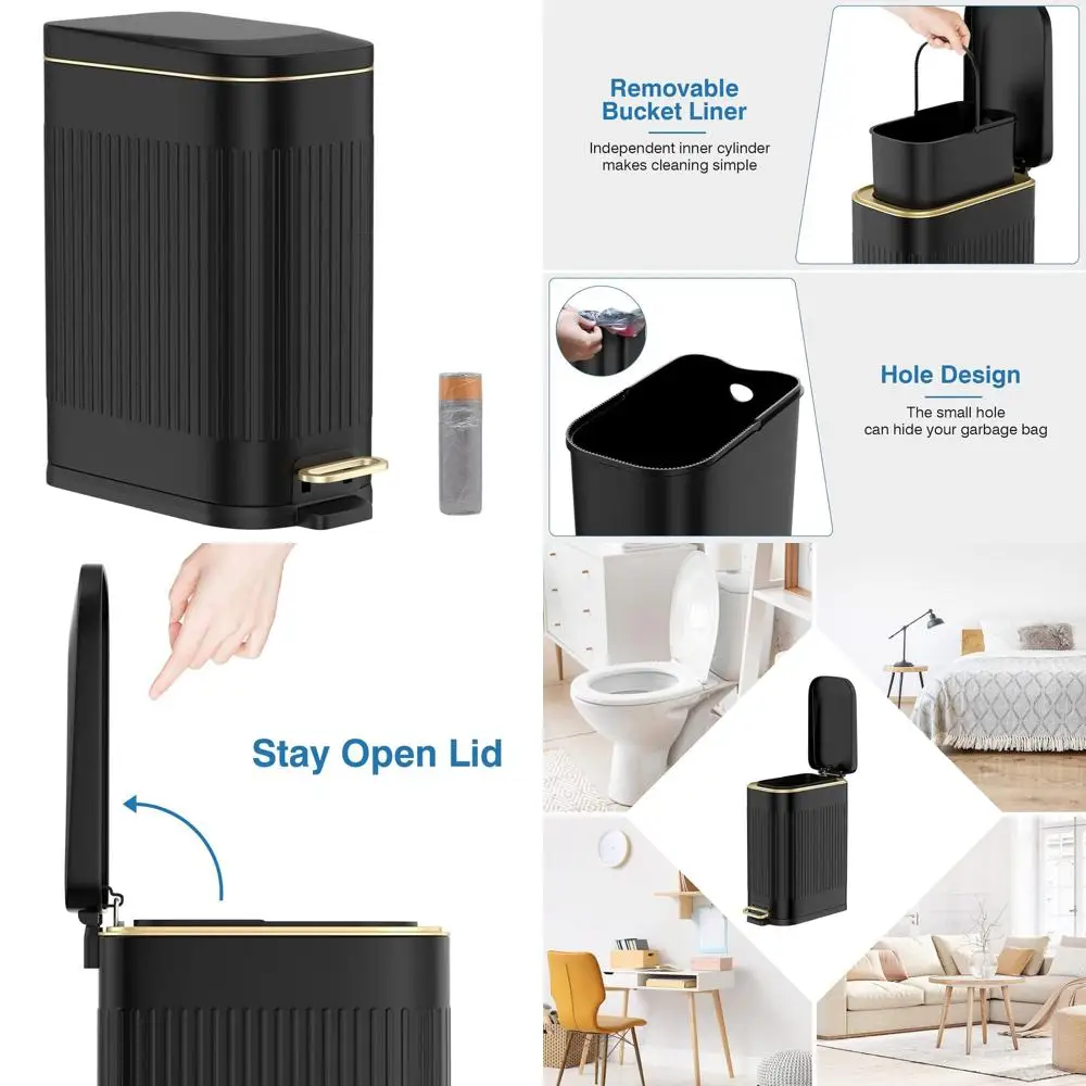 

15L Rectangular Stainless Steel Trash Can with Soft-Close Lid, Removable Bin, Ideal for Bathroom, Kitchen, Office, Black