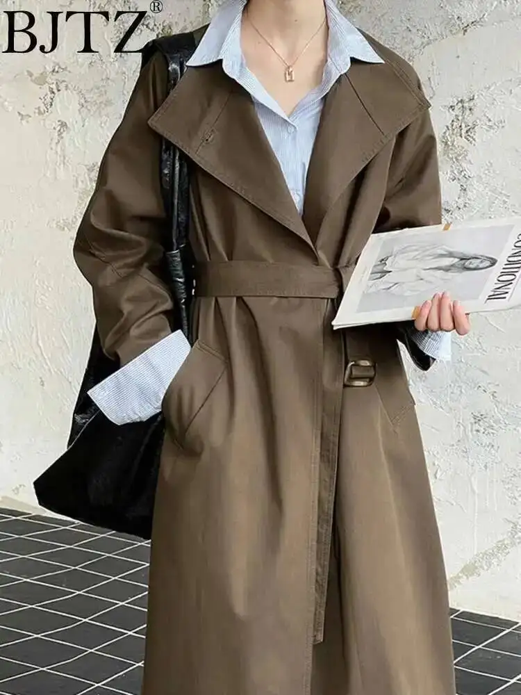 

BJTZ Large Collar Long Sleeved Design With A Sense Of Cinching Waist, Mid Length Windbreaker For Women 2025 Spring Autumn New