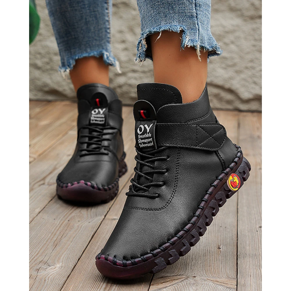 Fashion Women High Top Lace Up Boat Sneakers Autumn Winter Warm Going Out Femme Casual Hand Sewn Thread Fleeces Inside Shoes