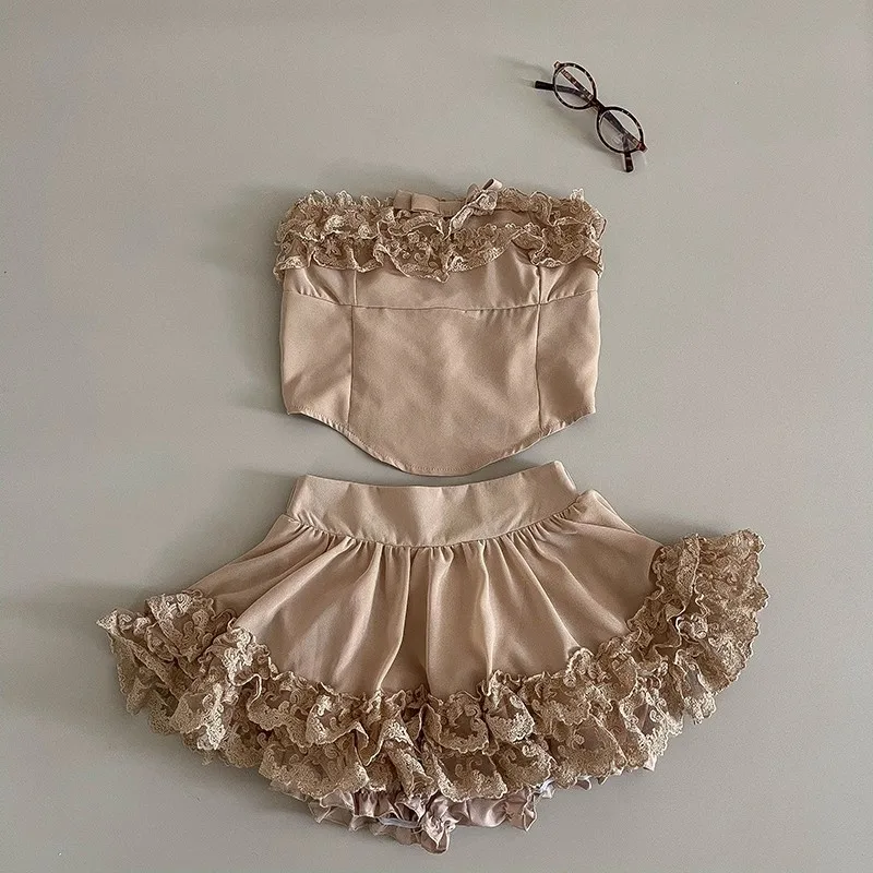 REDDACHiC Cutecore 3-قطعة المرأة مطابقة مجموعة القوس مشد صديرية دائرية الدانتيل تقليم تنورة صغيرة متماسكة طويلة الأكمام سترة الخريف الملابس