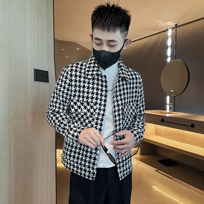 

Faionable Plaid Jaet for Men Youth Versatile Sli Korean Sle Stand Fit Anti-Wrinkle Long Sve Button Closure Ja...