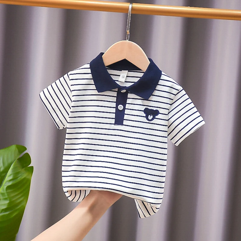 Summer Boys 2024 Korean Edition Fashionable and Breathable Striped Embroidered Bear Head/POLO Shirt/2-7 Years Old