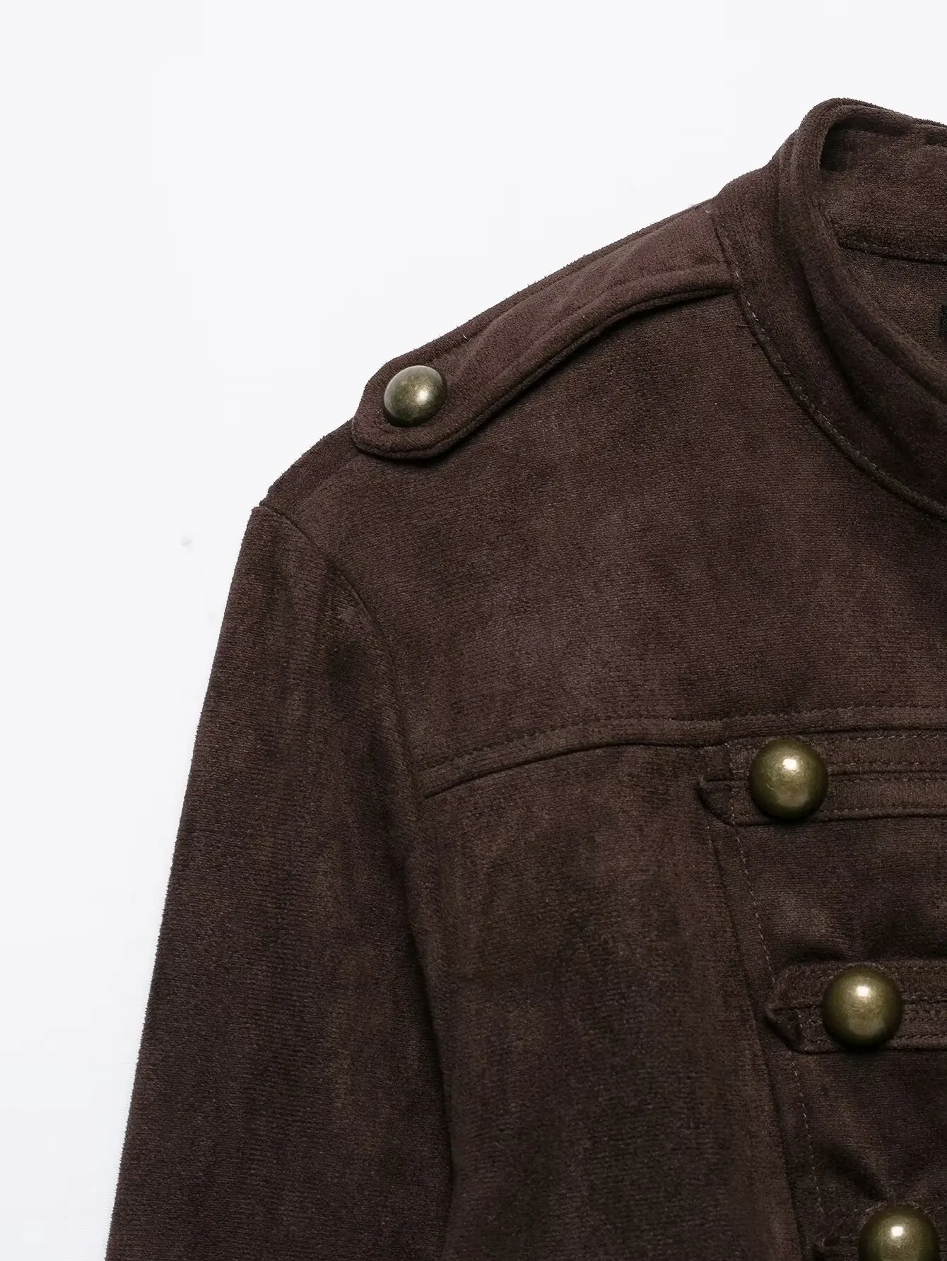 BSAY Vintage Militärjacke aus Kunstwildleder für Damen, Stehkragen, Metallknöpfe, plissierter Peplum-Rock, kurz geschnitten, langärmelige Oberbekleidung – Detail 6