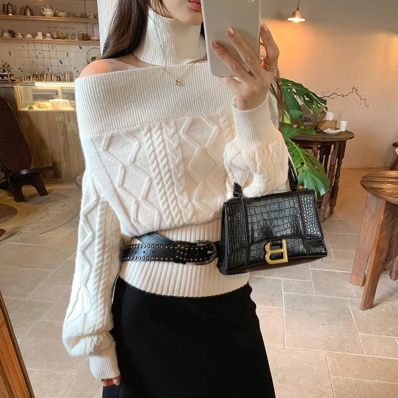 

Элегантный свитер с разрезом на шее, женские модные кружевные лоскутные вязаные пуловеры, корейский трикотаж большого размера, зимние джемперы с длинными рукавами