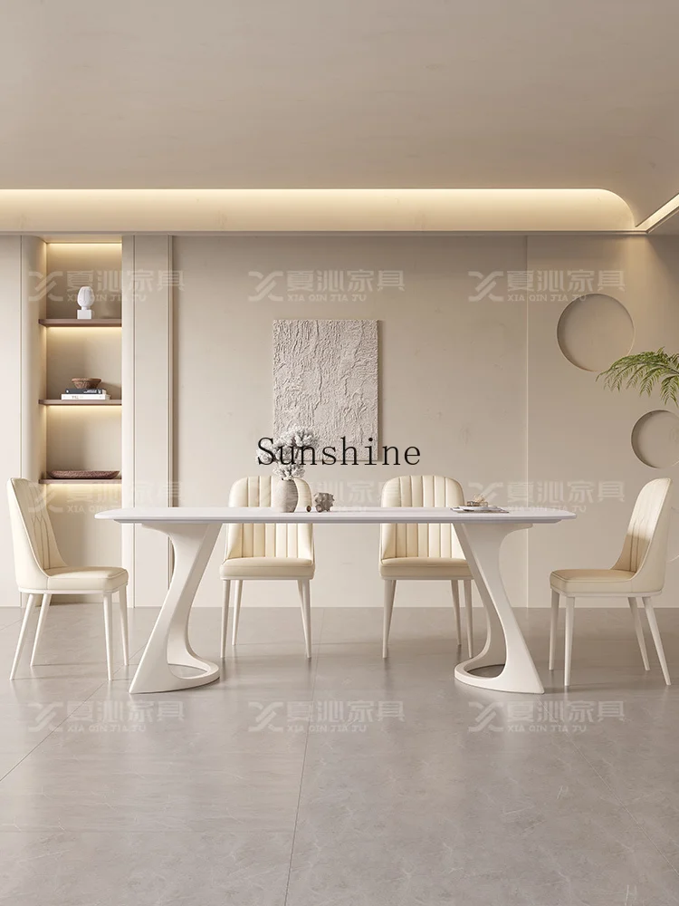 Light luxury dining table Modern simple imported bright rock slab rectangular dining table Cream white wind