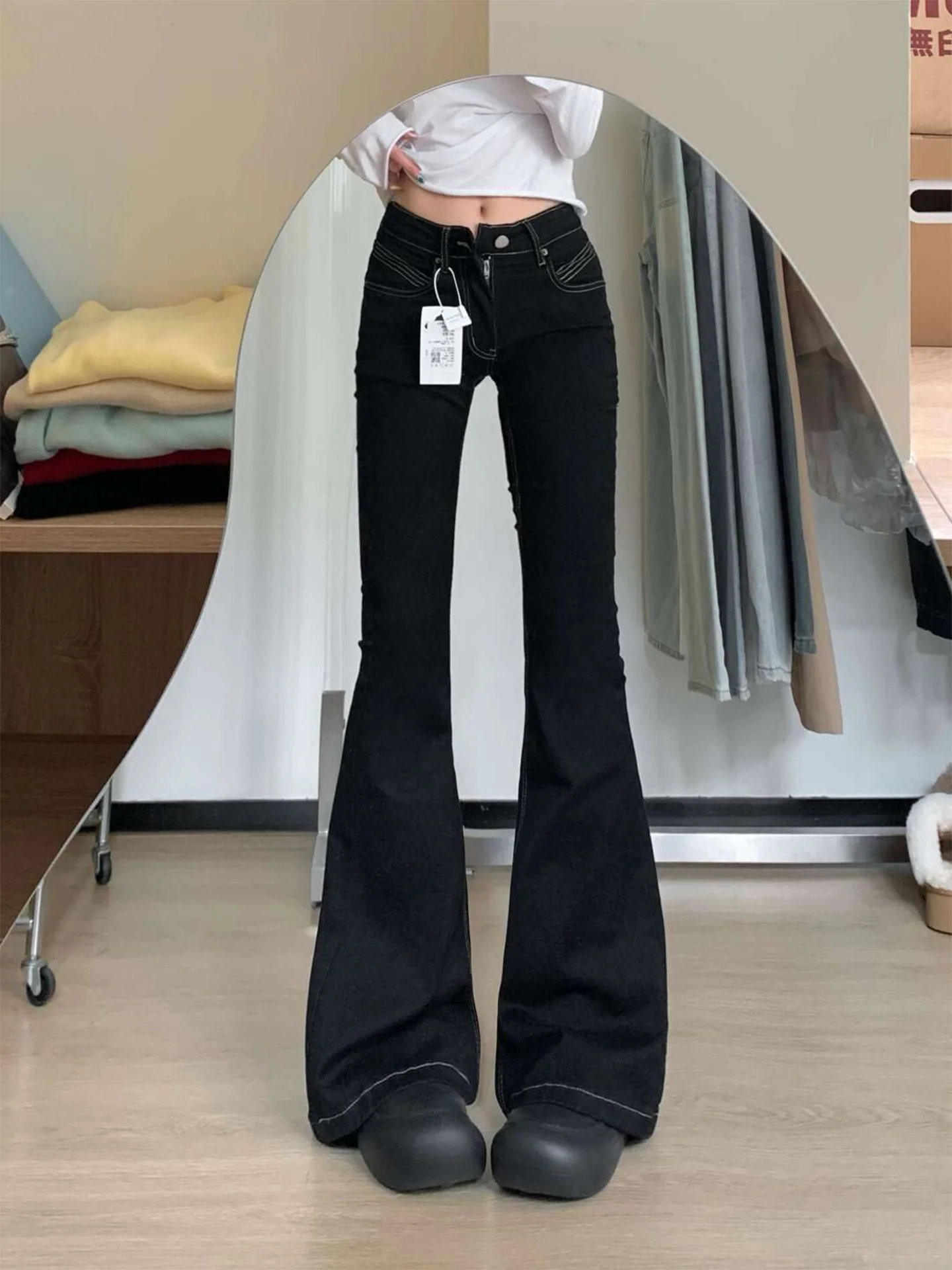 

Джинсы женские с высокой талией, расклешенные, на подкладке, прямые, весна 2026, новинка, в американском стиле, джинсовая ткань, черные