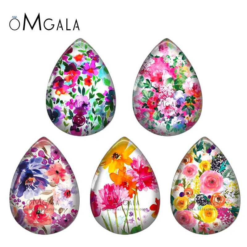 5pairs Watercolor Flower Art Paintings 13x18/18x25mm Photo Glass Cabochon Flat Back For DIY Jewelry Making Findings