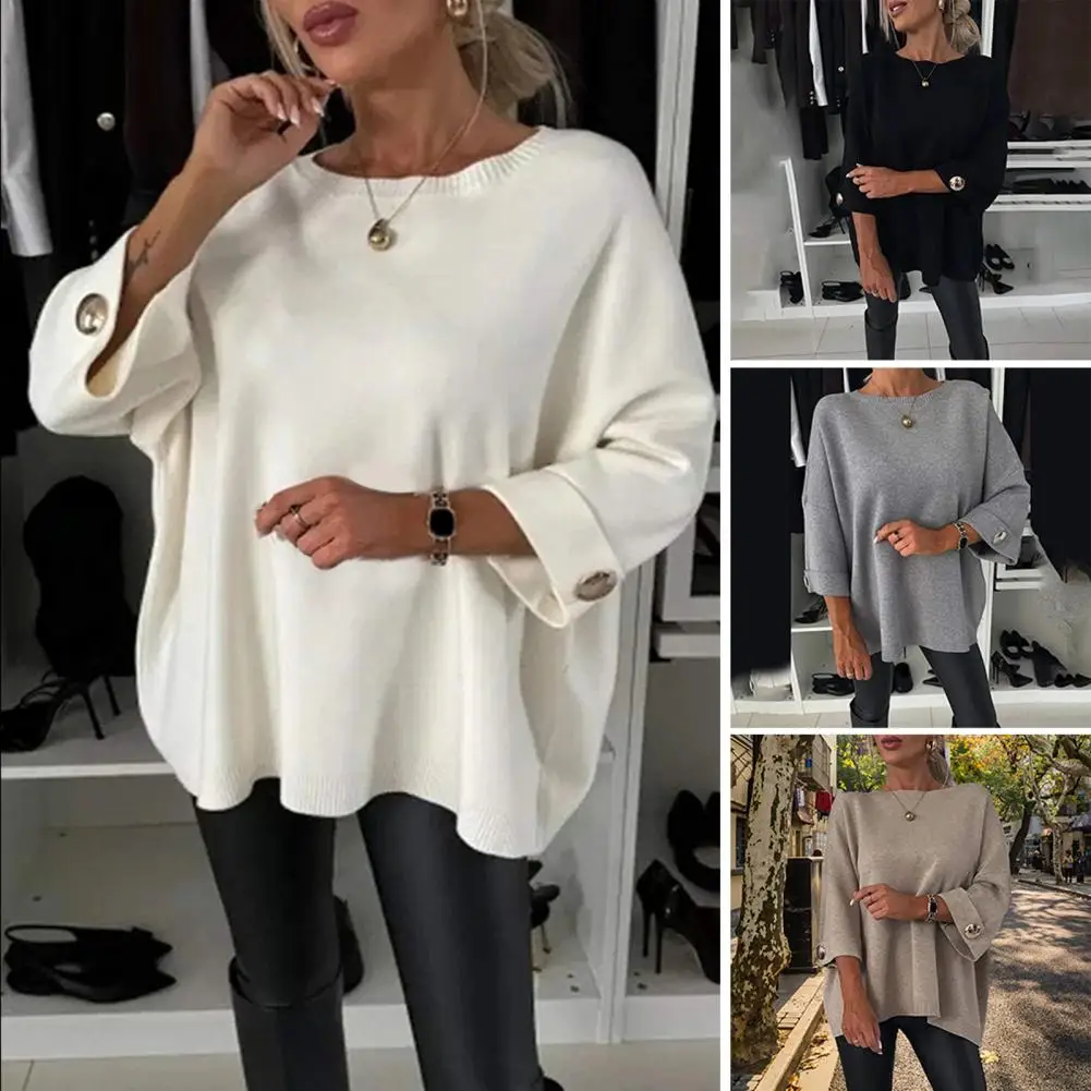 Women Round Neck Shirt Long Sleeve Casual Sweater Jacket with Bright Button Cuffs Loose Knit Top for Daily Wear