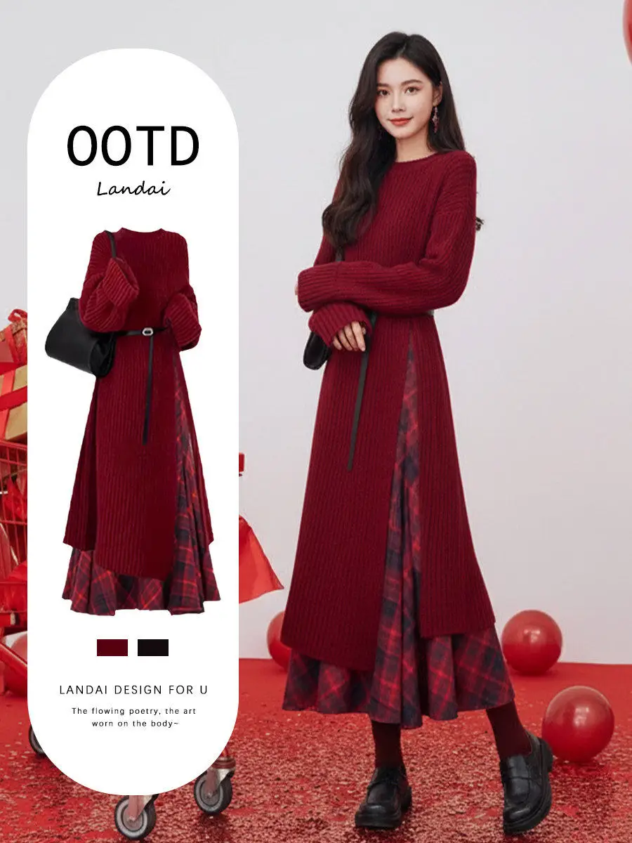 

Красное зимнее платье-халат для женщин, праздничное, новогоднее, красивое, для холодной погоды, в стиле «rich girl»