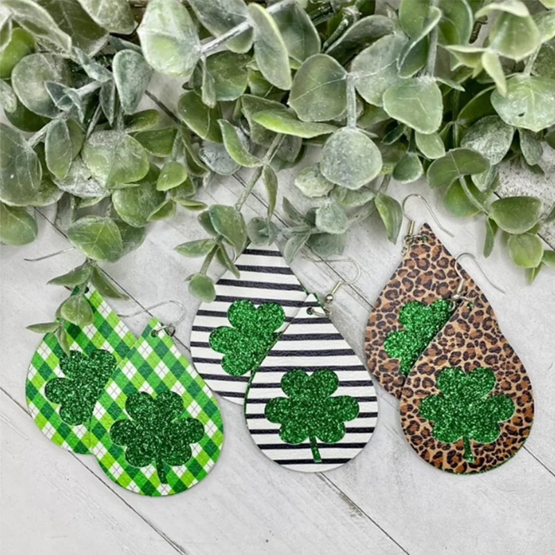 ST. PATRICKS DAY EARRINGS Shamrock Jewelry Three Leaf Clover Leather Glliter Accessories Women's Cheetah St. Pattys Earrings