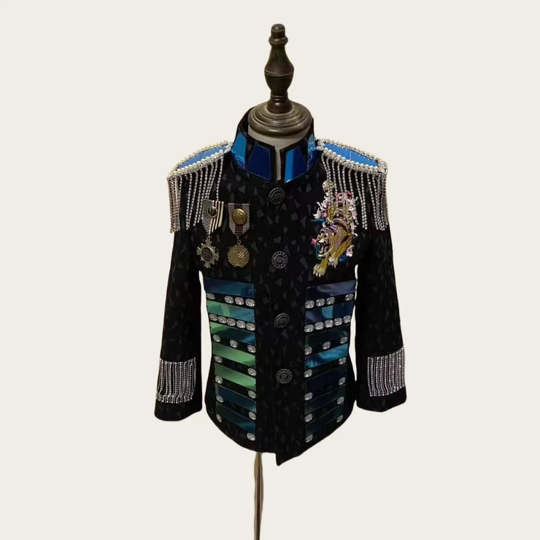 Handmade New Mirror Lens Metal Chain Tassel Jacket Men's Banquet Wedding Chorus Stage Dress Wear Bar Singer Dance Coat