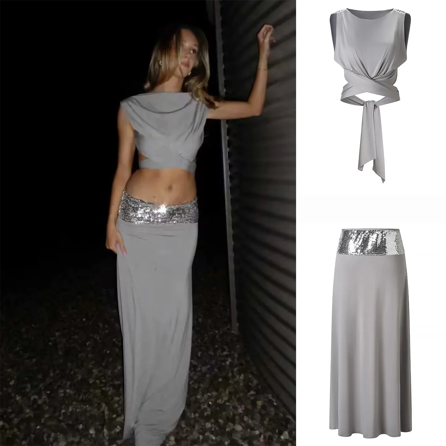 

Spring New Women's round Neck Sleeveless Backless Knot Design Sequin Splicing Half-length Skirt Set Fashionable Two...