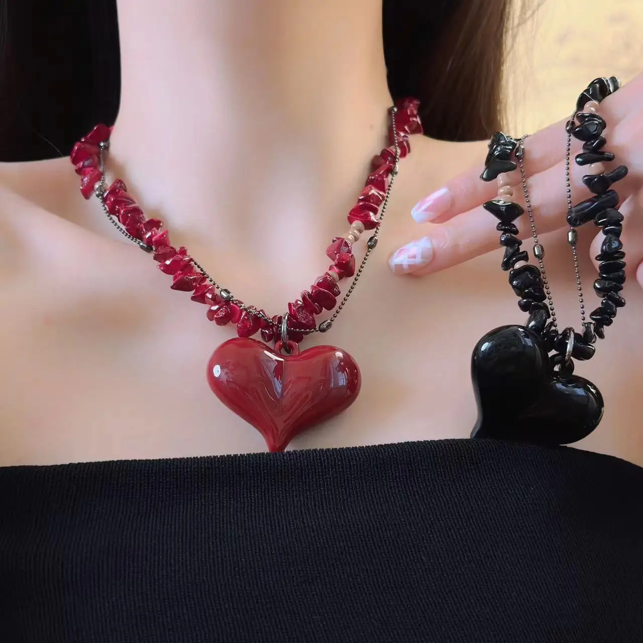 

Trendy Design Natural Resin Stone Beads Love Pendant Necklace For Women Sweet Cool Y2K Fashion Acrylic Heart Choker Chain Gift