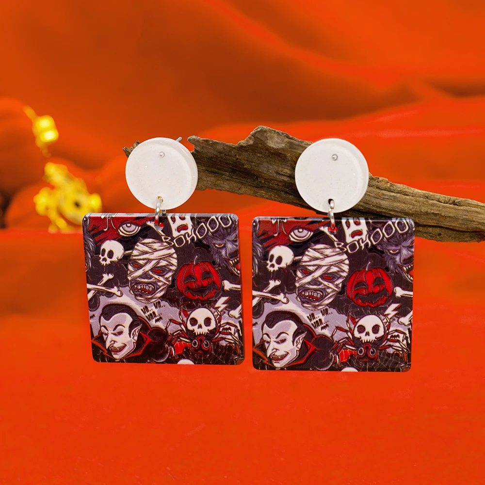 Fashion Vampire Jack-O-Lantern Mummy Stereo Printing Halloween Acrylic Earrings For Women Vintage Style Hip Hop Girls Jewelry