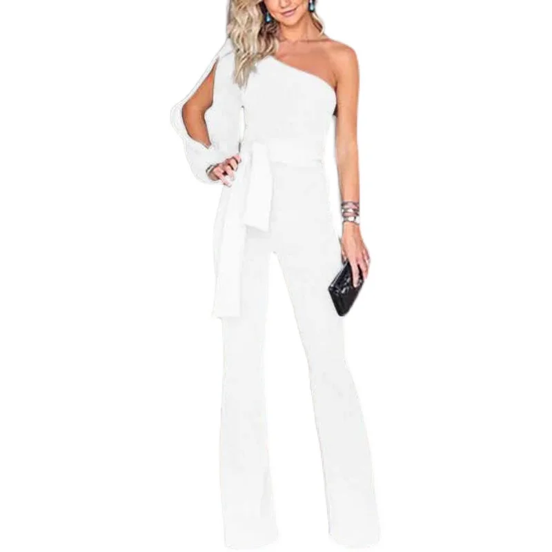 Sexy Oulder Bared Suit Damen Slim Fit Color Knot Waisand Ort Hosen Stoff mit niedriger Taille