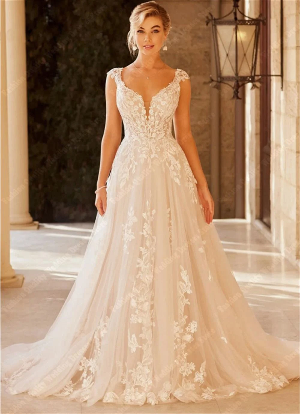 Vestidos De Novia De encaje con cuello en V profundo para mujer, calcomanías brillantes, adornos De Novia, tul brillante, nuevo