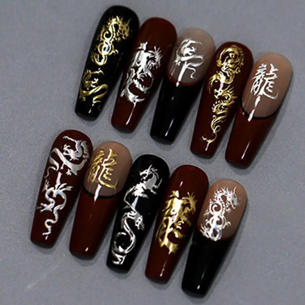 Gold Silver Nail Sticker 3D Dragon Design Metallic Mirror Gel Polish Chinese Character Letter Self-Adhesive