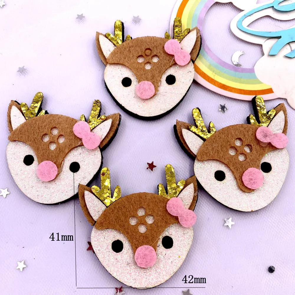 6pcs Felt Fabric Colorful Glitter Bepowder Cartoon Bowknot Golden Deer Patch Applique Sewing DIY Hair Bow Craft  Supplie E750 L