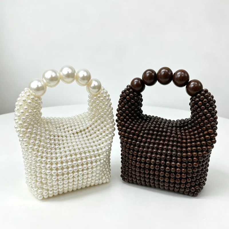 

French Vintage Beaded Handbag Stylish Elegant Pearl Evening Wedding Party Bag Summer Women's Solid Color Woven Clutch