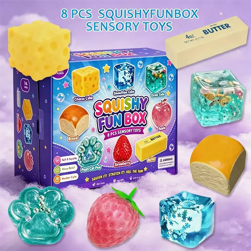 8-Piece Set Mystery Squishy Box Malt Sugar Stress Relief Fidget Slow Rising Squeeze Fidget Soft Sensory for Anxiety Adults Kida