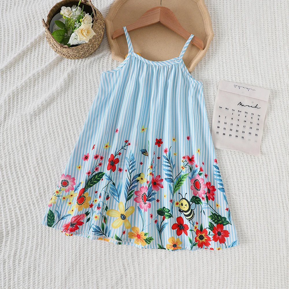 Girls' summer three-dimensional floral camisole blue and white striped floral print casual dress