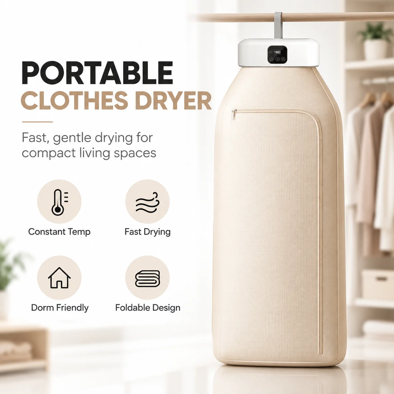 Portable Clothes Dryer, 600W Foldable Mini Dryer with 1-8H Smart Timer & 2 Temperature Settings, Overheat Protection & Quiet