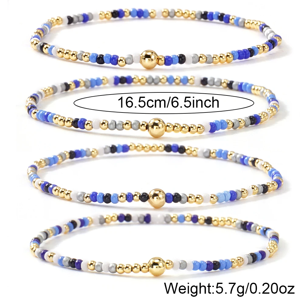 3 قطع من أساور خرز البذور الملونة مع خرز ذهبي، سوار بوهو مطاطي مصنوع يدويًا، مجوهرات صيفية لطيفة للنساء والفتيات