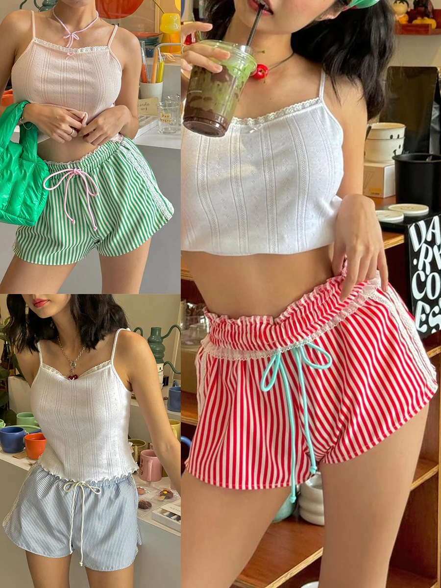 Dames gestreepte shorts lente zomer kanten rand elastische taille trekkoord casual shorts jaren 2000 streetwear jaren 90 vintage shorts