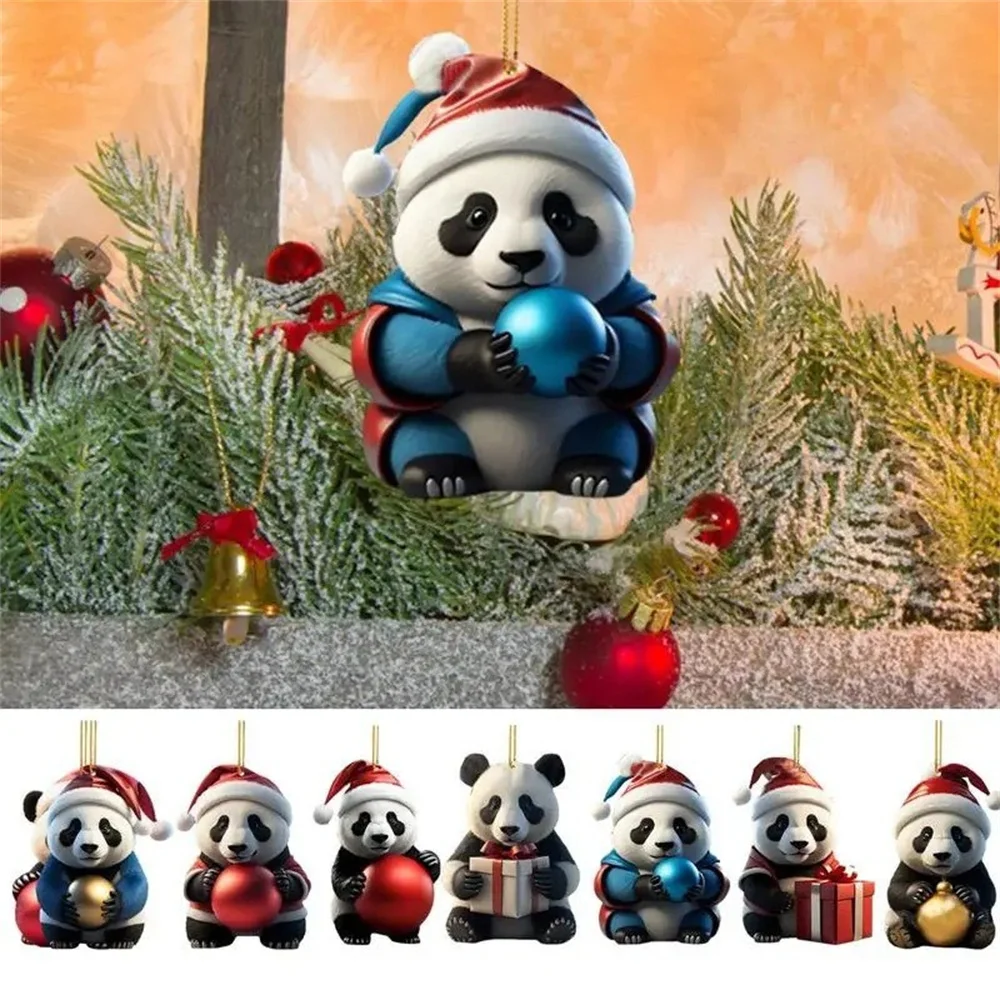 Panda Urso Acrílico Ornamentos para o Natal, Pingentes Pendurados, DIY Xmas Tree Decorações, Presentes de Ano Novo Infantil, 2023, 2D, 2024