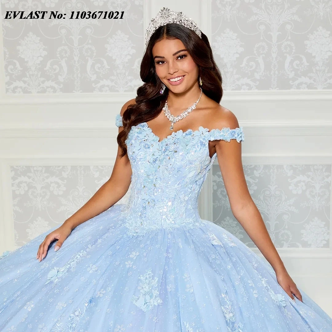 EVLAST personalizado azul vestido para quinceañeras 2024 vestido De baile 3D Apliques De encaje con cuentas capa corsé dulce 16 Vestidos De 15 Anos SQ231