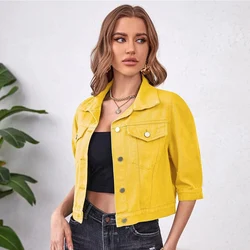 Womens 3/4 Sleeve Short Denim Jacket Lapel Button Down Cropped Trucker Jean Jackets Coats Purple Yellow Down Chest Pocket Coat