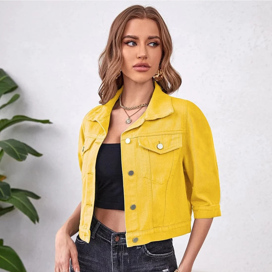 Womens 3/4 Sleeve Short Denim Jacket Lapel Button Down Cropped Trucker Jean Jackets Coats Purple Yellow Down Chest Pocket Coat