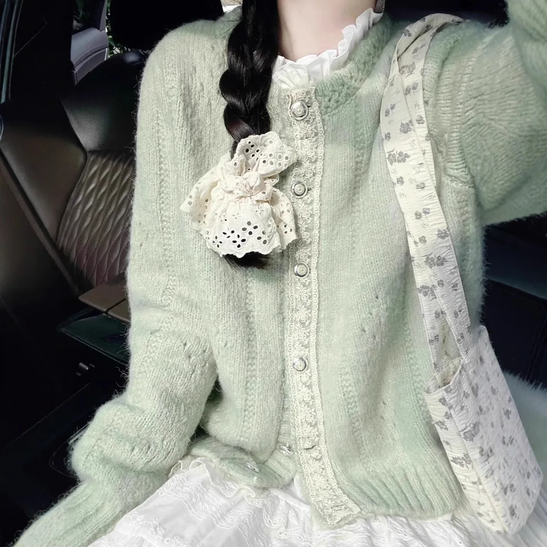 

Women Knitted Cardigan Sweaters Solid Jumpers Lace Spliced O Neck Long Sleeves Loose Fit Office Lady Elegant Casual Spring 2026