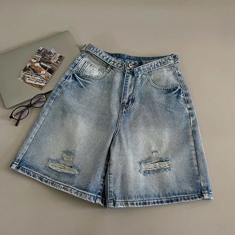 Short en jean Vintage pour femmes, taille haute, trous, droit, bleu, pantalon court, polyvalent, pour les déplacements, jambes larges, été