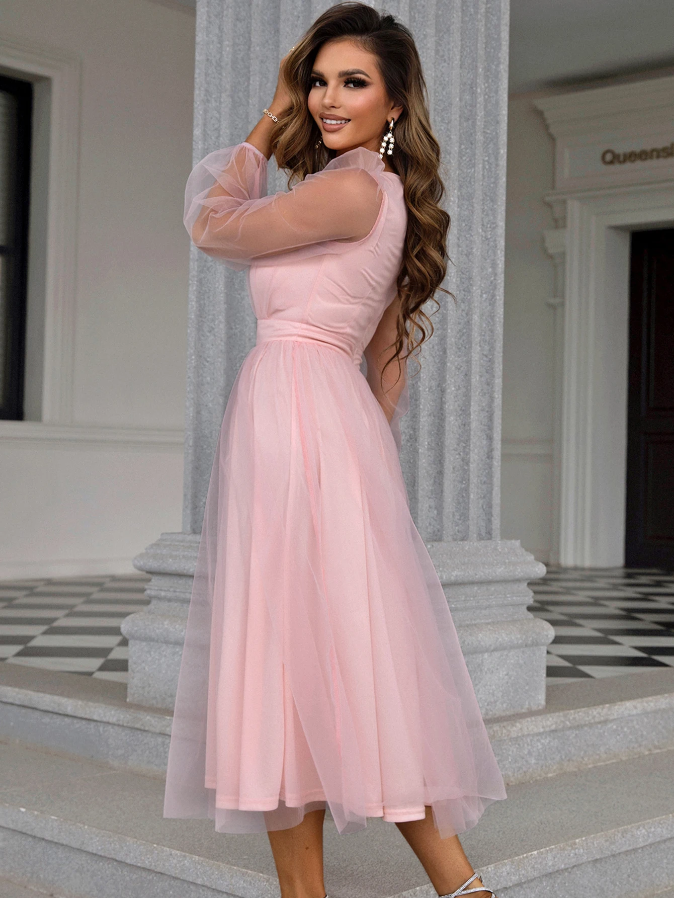 Sexy Pink mesh maxi summer dress women elegant bridesmaid evening dresses woman long sleeve casual birthday party dress vestidos