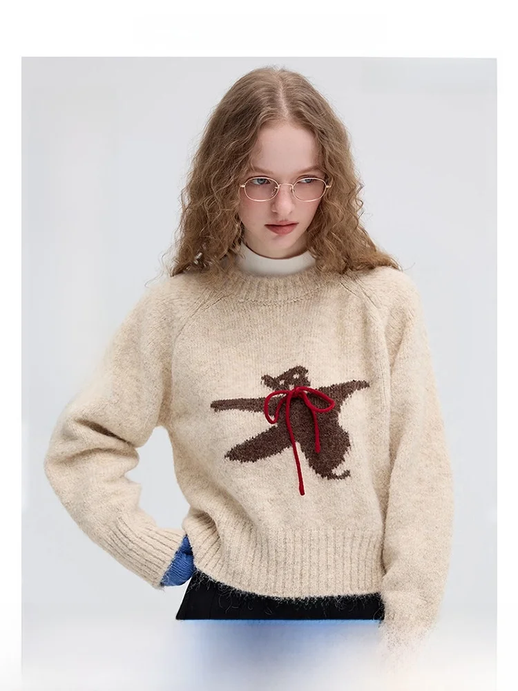 

VEGA CHANG Women's Fce Knitted Wool Sweater Bear Design Sweet Sle Long Sve round Ne Commute Faion Autumn Winter