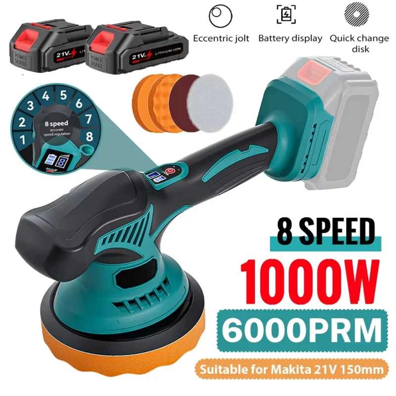 Polerka samochodowa 1000W, 8 biegów, bezprzewodowa, elektryczna, do polerowania, woskowania metalu, szlifowania drewna, kompatybilna z akumulatorem Maktita 18V