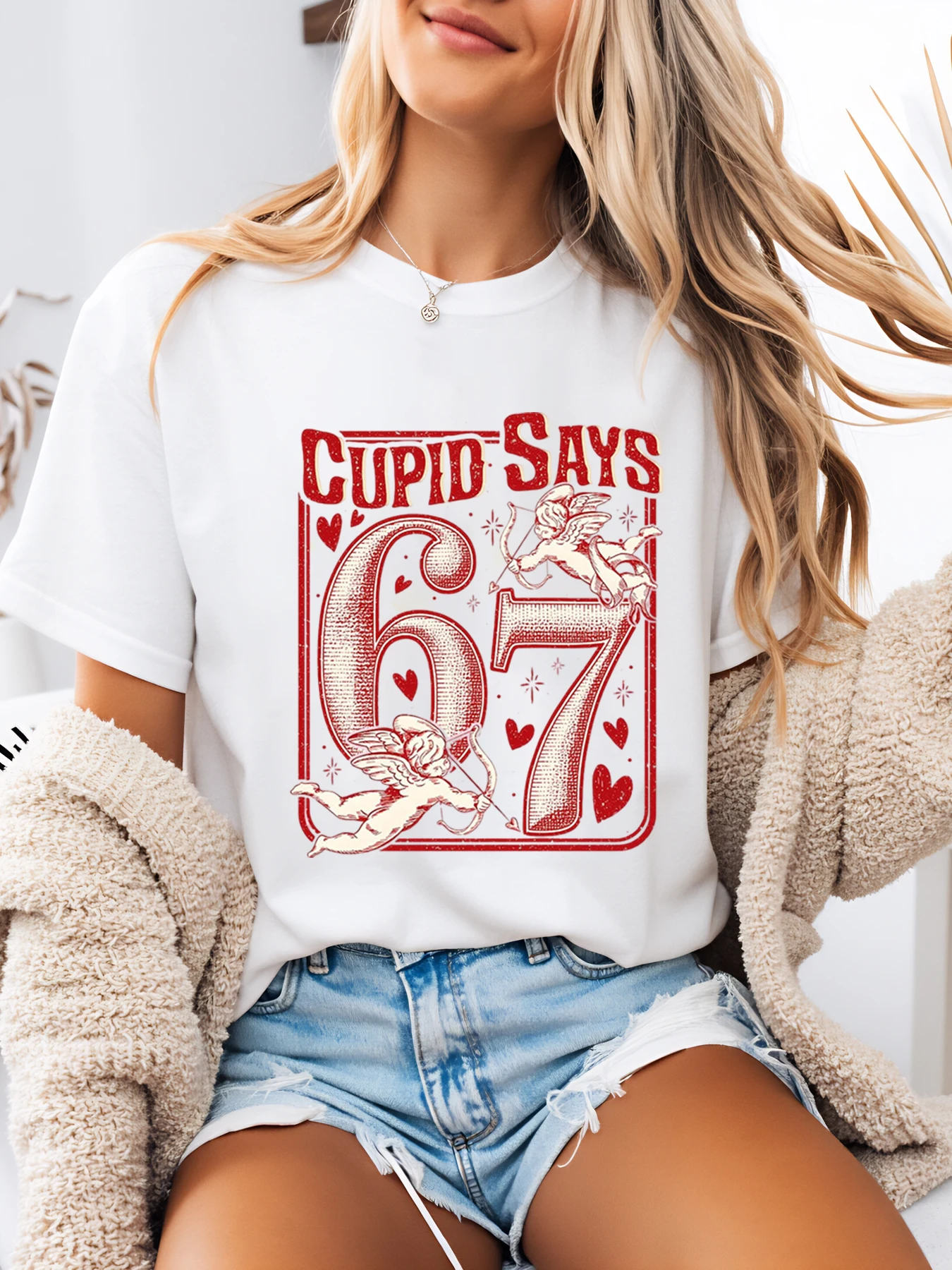 

Cupid Says 67 Valentine's Day Graphic T-Shirt Women's Casual Outfit for Party and Date White Plus-Size