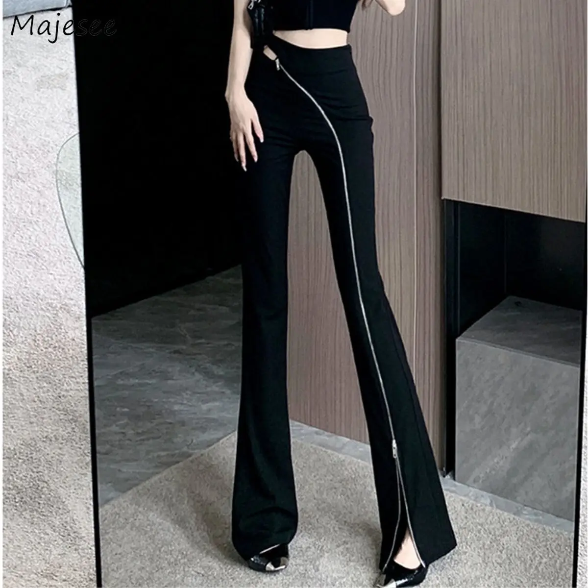 

Sexy Zipper Y2k Pants Women Skinny Hotsweet Temper High Waist Slit Trousers Stylish Design Korean Female Vintage Street Charming