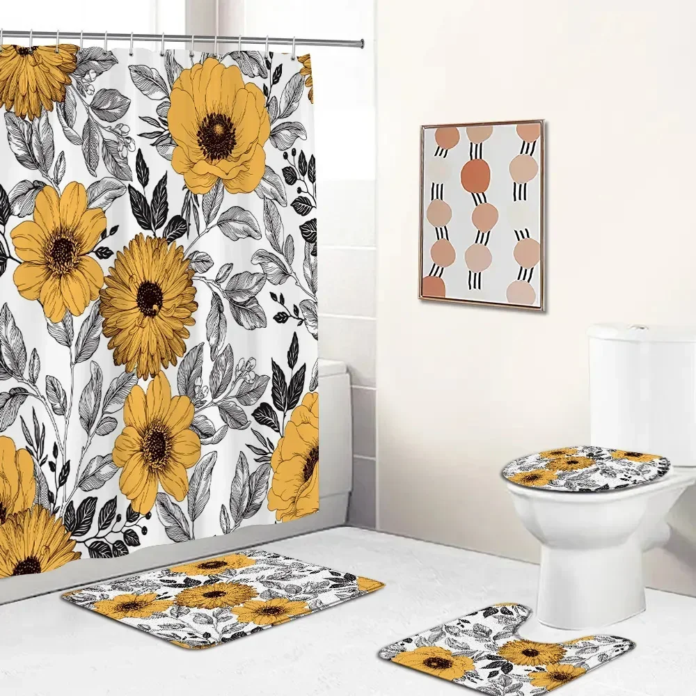 Floral Shower Curtain Set Farmhouse Daisy Watercolor Flower Gothic Dark Rose Modern Bath Curtain Bathtub Rug Toilet Lid Cover