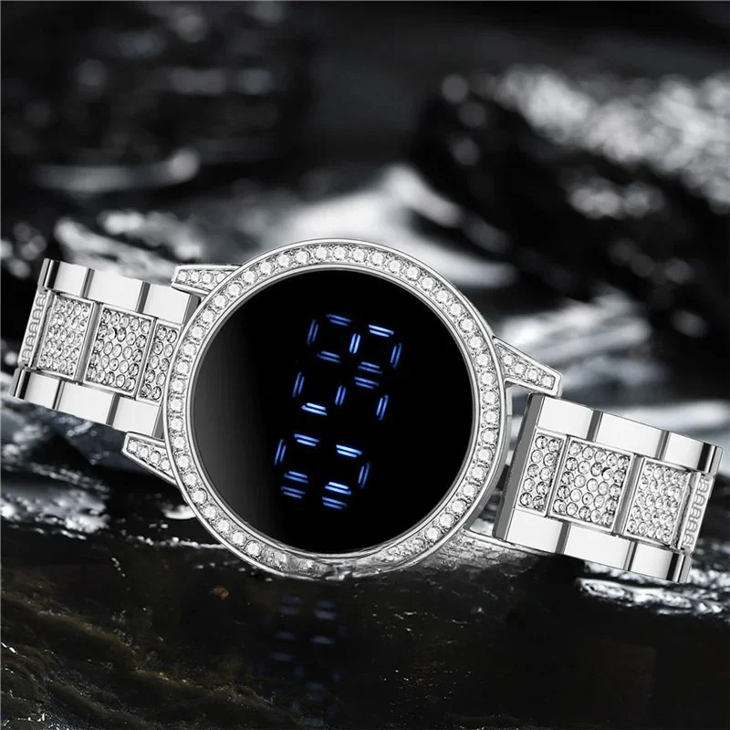 2024 Digital Watches with Large Screen for Women Luxury Rose Gold Stainless Steel Diamond-set Dial Magnet Dress LED Quartz Watch image 3