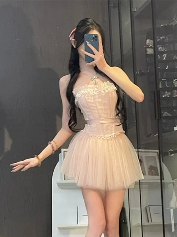 

Romantic Beautiful Pink Lace Halter Top Waist Cinched Skirt Two Piece Set Women Spring Summer Sexy Outfit Skirt Set