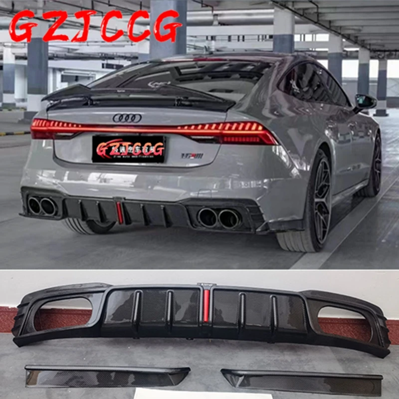 High Quality Carbon fiber Rear Bumper Lip Spoiler Diffuser Cover For Audi A7 S7 RS7 2019 2020 2021 Year (With Lamp)