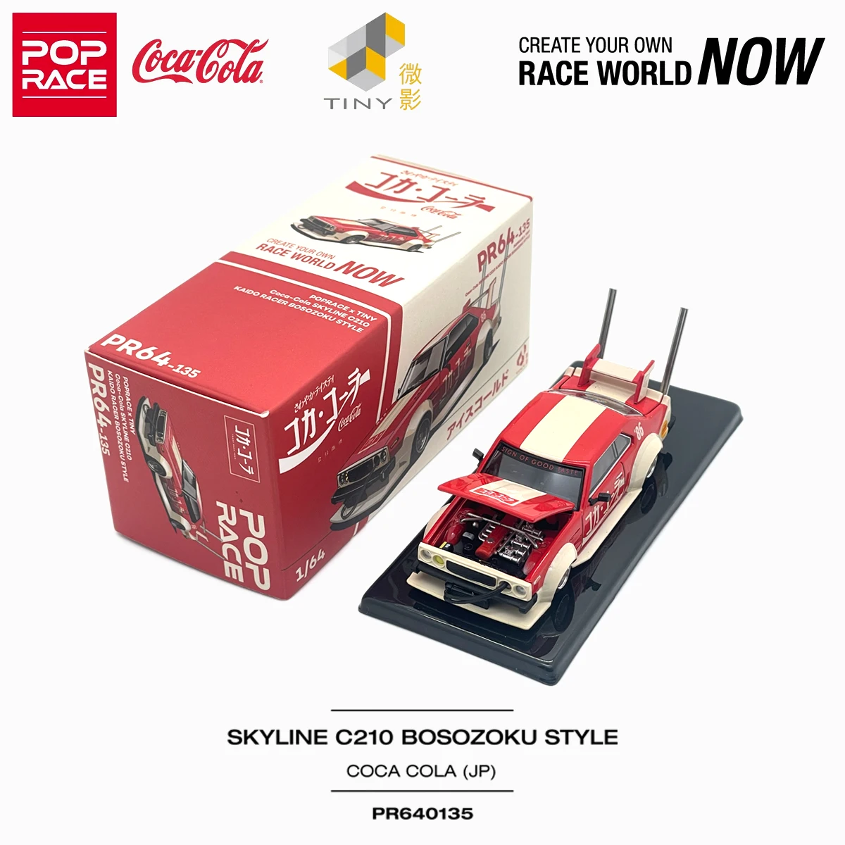 POP RACE 1:64 Nissan Skyline C210 Bosozoku Style Coca-Cola (JP) Diecast Model Car With Openable Hood In Stock Ready To Ship