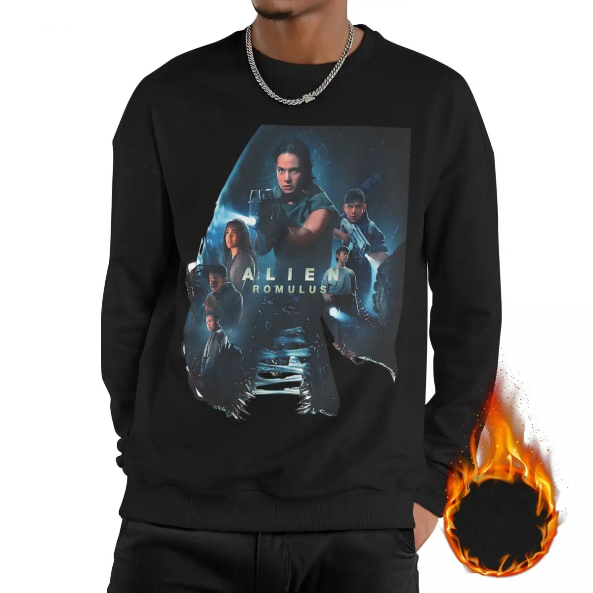 

Man Fleece Lined Sweatshirts Alien Romulus PT 2024 Movie Merch Sweatshirt Horror Pullover Long Sleeve Shirts Hoodies