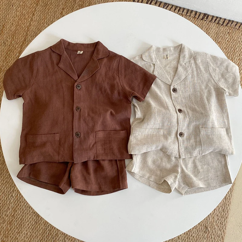 Summer Korean Style Children Clothing Suit Short Sleeved Cotton Solid Color Shirt+Shorts Baby Boys Girls Clothes Set