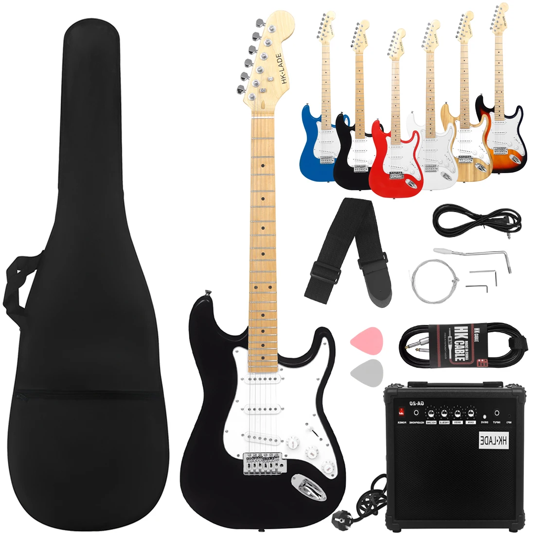 

Black HK.LADE 39 Inch Electric Guitar 22 Frets ST Rosewood Fingerboards Electric Guitar Set with Amplifier Strap Strings