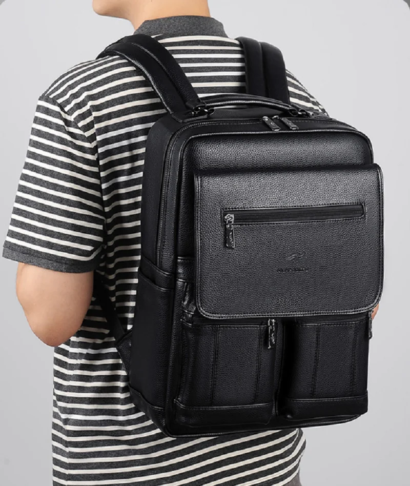 2026 New Fashion Men's High Quality Leather Computer Bag Business Casual Travel Backpack Large Capacity Shoulder Bags School Bag